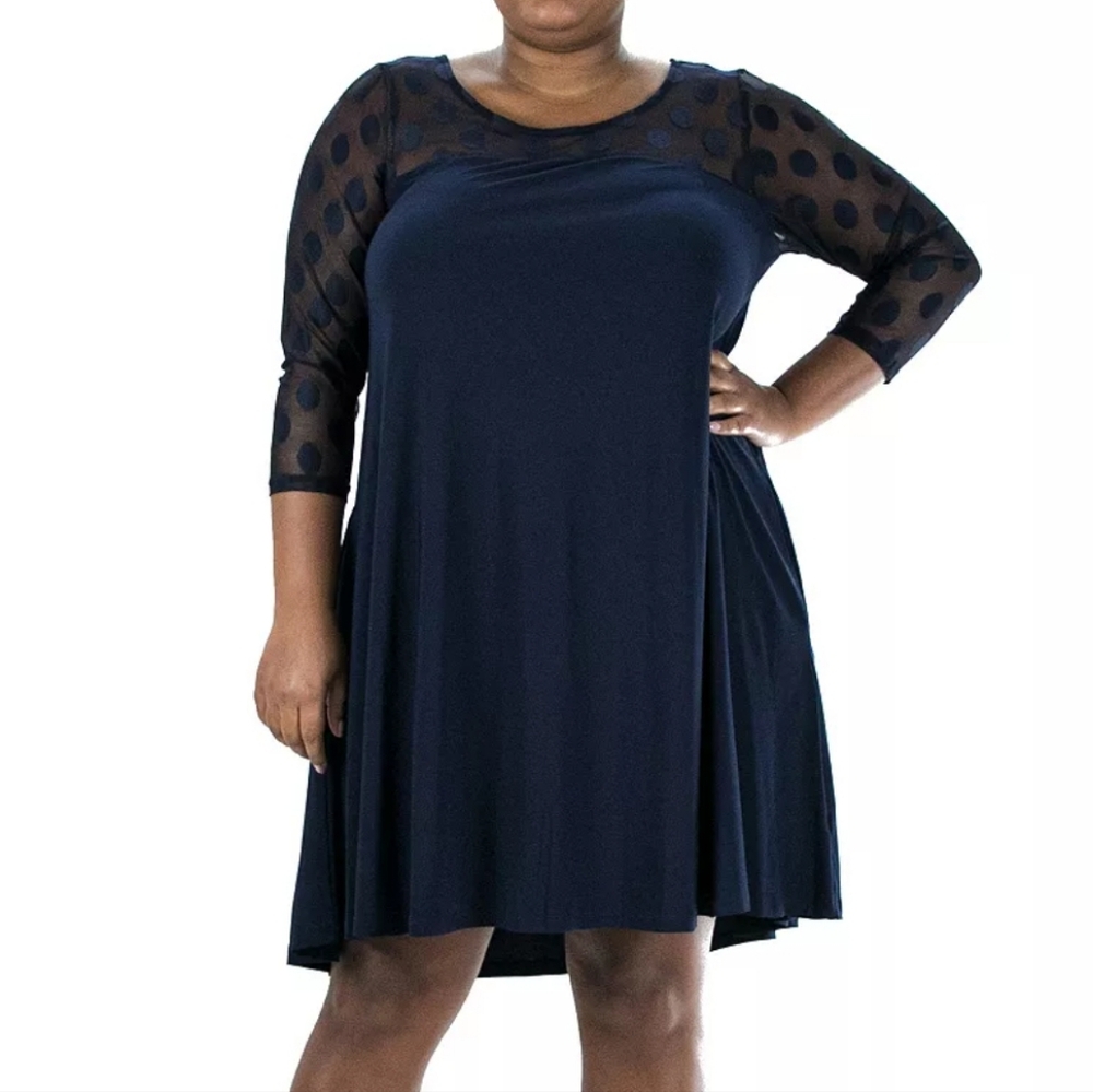 Nina Leonard Dot-Mesh Yoke Swing Dress Sz 3X- Navy